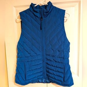 Ann Taylor Loft Womens Blue Puffer Vest  ZipUp Pockets Mock Neck Small Quilted